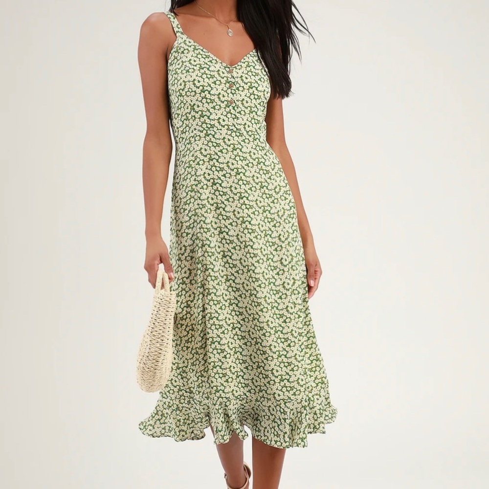 Lulu’s Daisy-Print Green Floral Print Midi Dress - S
